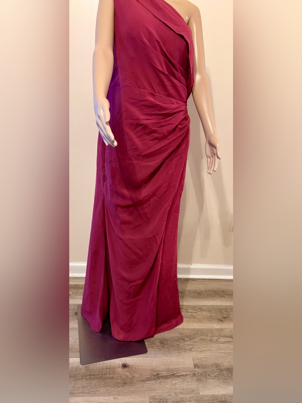 One-Shoulder Ruched Maxi Dress in Magenta